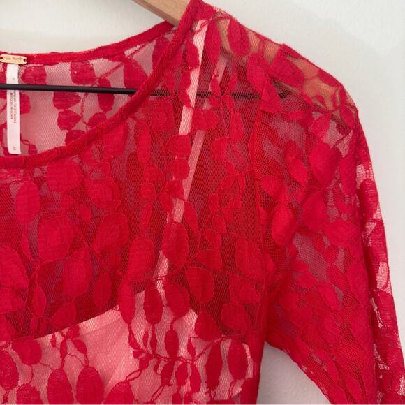 Free People Floral Lace Mesh Dress in Hot Red Attached Adjustable Slip Scalloped - Picture 6 of 14